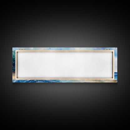 Moody Coastal Seascape Framed Canvas Print - Hawaii Ocean Landscape Painting, Nautical Wall Art, Extra Wide Beach Bedroom Art Decor