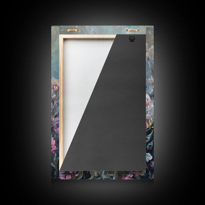 Graceful Peacock Floral Framed Canvas Print | Botanical Bird Art | Chinoiserie Wall Decor | Elegant Tropical Painting | Home Accent