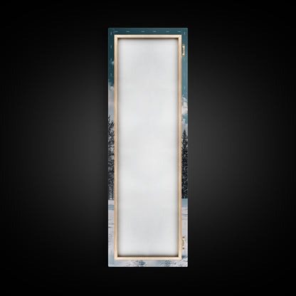 Winter Path, pine tree art, mountain painting, snowy landscape, rustic decor, minimalist art, Framed Canvas Print, vertical wall art