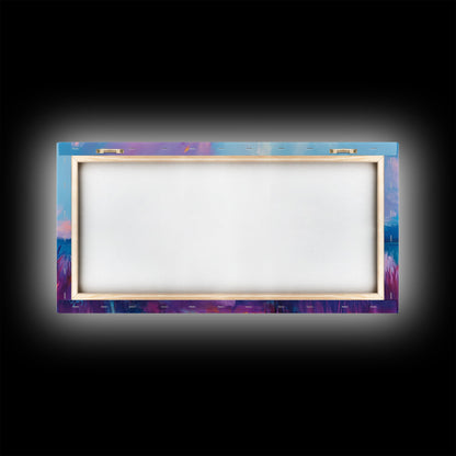 Lagerfeuer bei Sonnenuntergang, Küstenmotiv, Wandbild in Rosa und Orange, Extra breites Bild, Horizontales Wandbild, Gerahmter Leinwanddruck, Stimmungsvolle Kunst