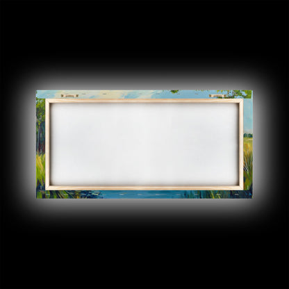 Marschlandschaft-Motiv, Palmenbild, tropische Landschaft, Küstendekor, grüne Wandkunst, rustikale Wandkunst, gerahmter Leinwanddruck