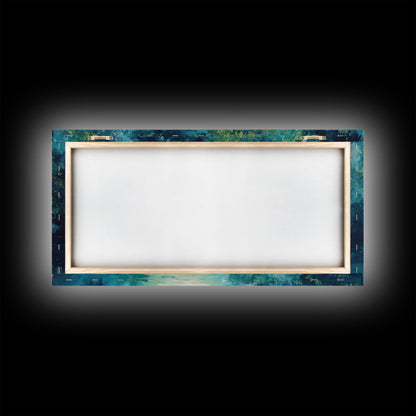 Mystischer Fluss, gerahmter Leinwanddruck, Landschaftsmalerei, stimmungsvolle Kunst, Wald in der Abenddämmerung, türkisfarbenes Wandbild, extra breites Bild