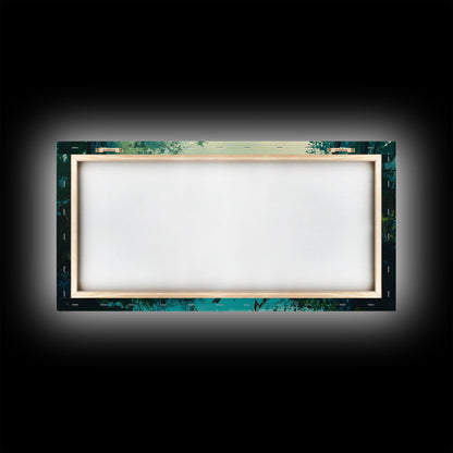 Tranquil lake, misty trees, landscape painting, extra wide art, wabi sabi art, minimalist art, framed canvas print, above couch art