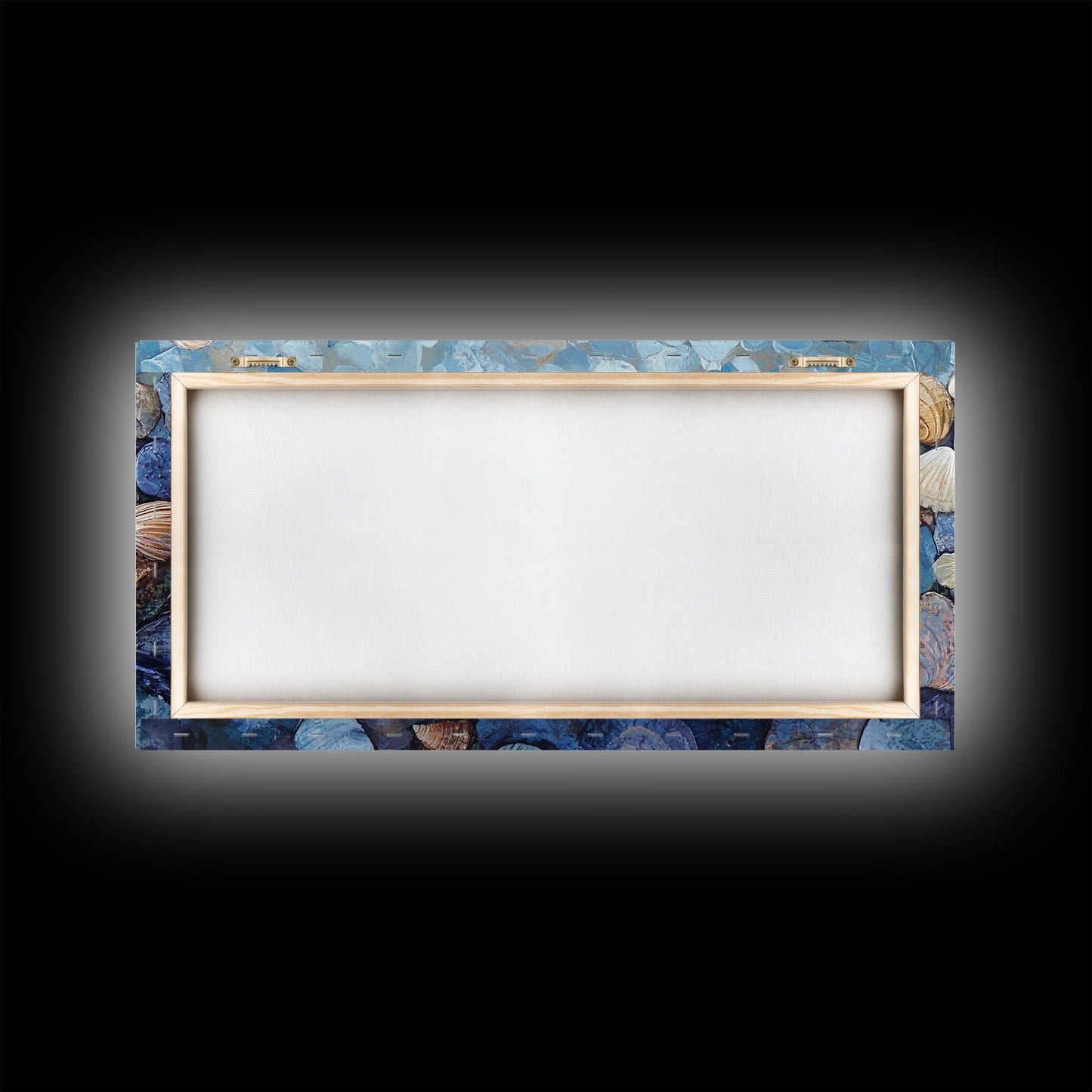 Seashell Beach Art, coastal wall art, oyster shell painting, blue and green wall art, framed canvas print, extra wide art