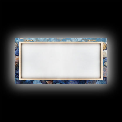 Seashell Beach Art, coastal wall art, oyster shell painting, blue and green wall art, framed canvas print, extra wide art