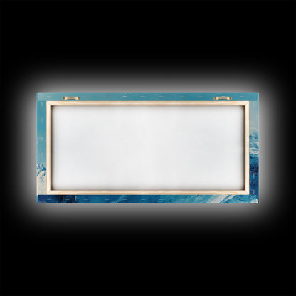 Berglandschaft-Malerei, Blau-Weiß-Kunst, Schneebedeckte Gipfel, Gerahmter Leinwanddruck, Rustikale Dekoration, Minimalistische Kunst, Extra breites Kunstwerk