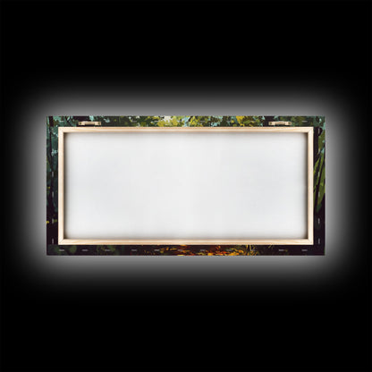 Forest Path, Sunlit Trees, Green Wall Art, Nature Landscape, Panoramic Painting, Rustic Wall Art, Framed Canvas Print