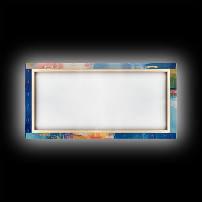 Lake Dock, sunset painting, nautical decor, coastal landscape art, wabi sabi art, extra wide art, rustic decor, Framed Canvas Print