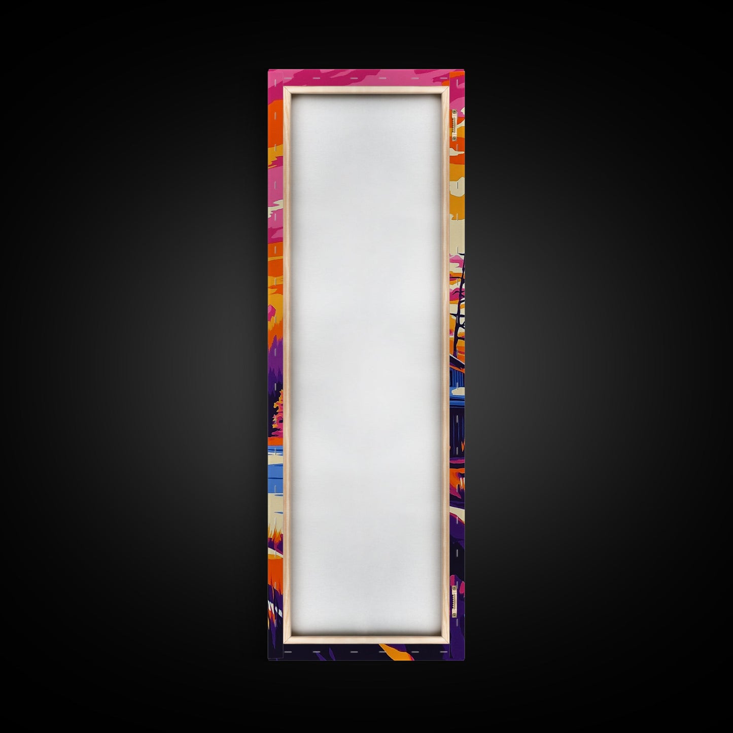 Sonnenuntergangsszene mit Hütte, gerahmter Leinwanddruck, lebendige Berglandschaft, Seelandschaft, gemütliche Hüttendekoration, Naturnahe Wohndekoration, rustikale Wandkunst