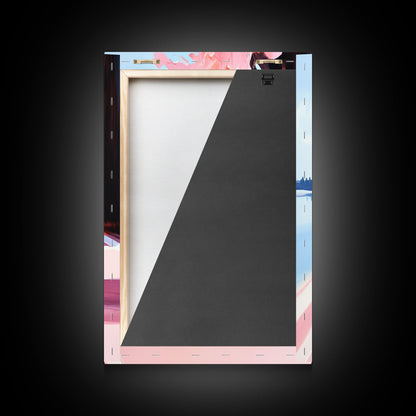 Mediterranean Steps, Coastal Wall Art, Santorini Print, Blue and Pink Decor, Travel Painting, Framed Canvas Print, Living Room Art