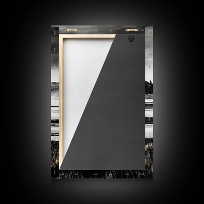 Serene Lake, Black and White Artwork, Misty Mountains, Nature Decor, Minimalist Landscape, Home Office Art, Canvas Print