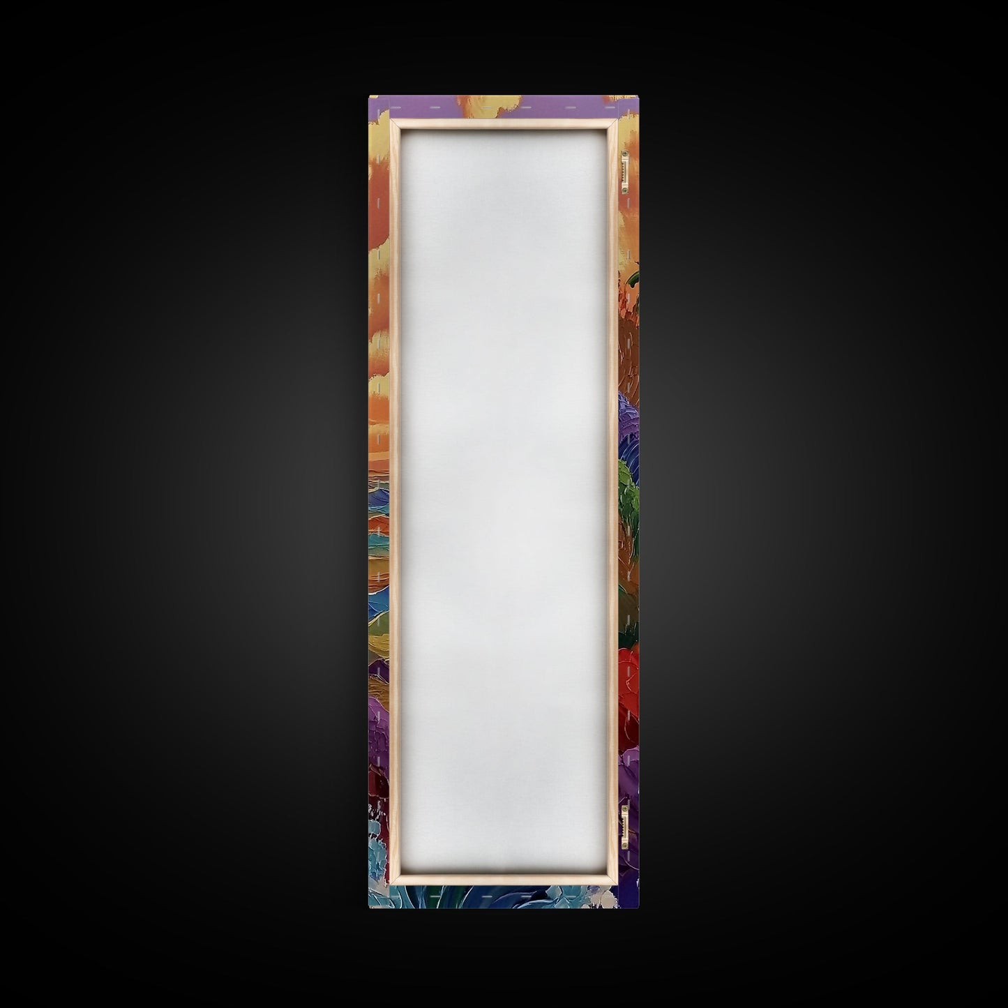 Rainbow Cliff, Ocean Waves, Sunset Coast, Framed Canvas Print, tropical beach decor, vibrant boho wall art, coastal entryway painting