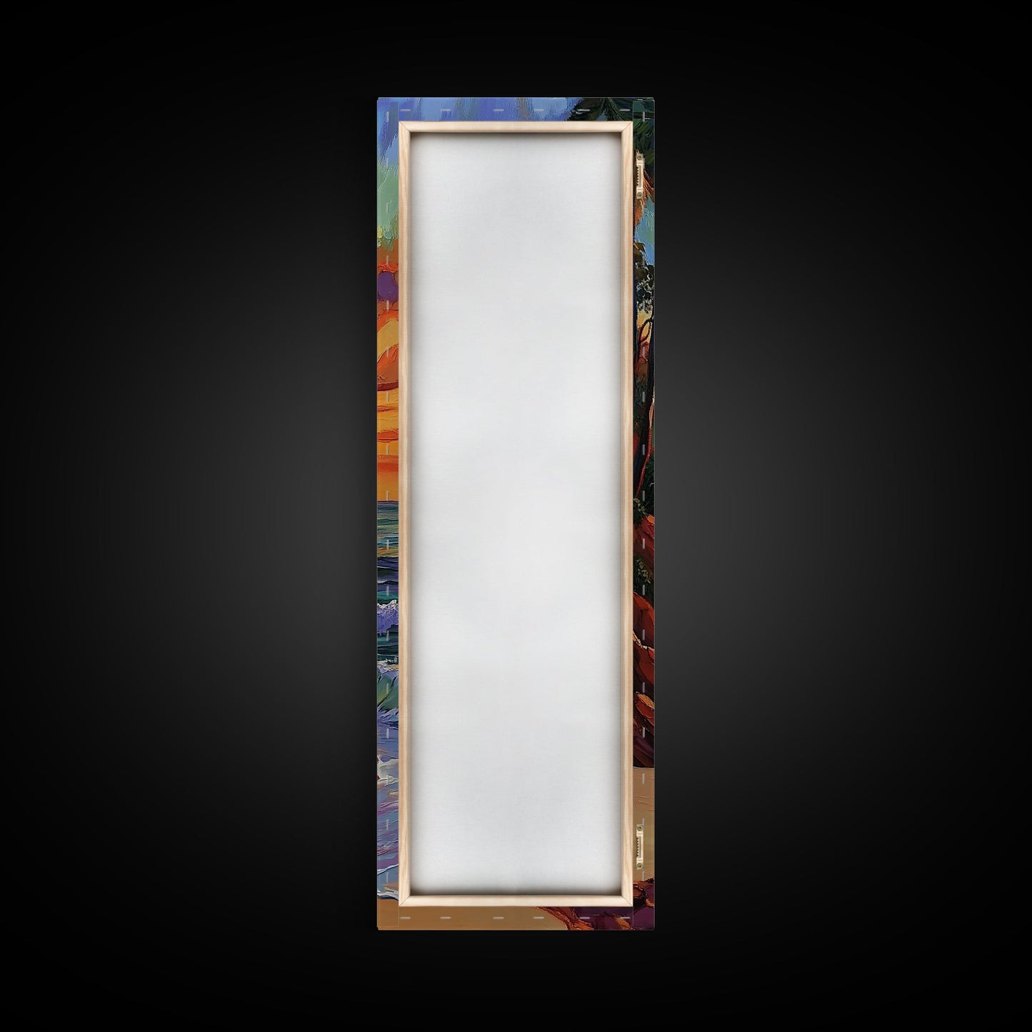 Tropical Sunset, Palms, Beach Framed Canvas Print vibrant tropical sunset scene, palm tree ocean art, vacation vibes, hallway wall print