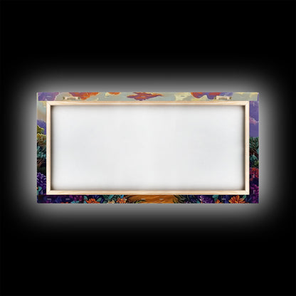 Sunset Floral, Lake, Garden, Framed Canvas Print, romantic nature painting, bedroom wall art, bright flower garden decor, sunset print