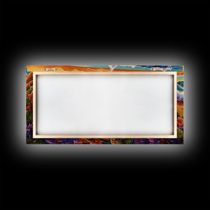 Wave Shoreline, Sunset Painting, Framed Canvas Print, vibrant crashing ocean waves, colorful rocks, Coastal Wall Art, tropical art