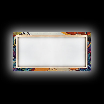 Patio, Ocean, Dining, Framed Canvas Print, Colorful seaside patio with umbrella and table scene, Summer vibes, Dining Room Wall Art