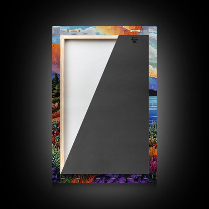 Lake Mountains, Sunset, Autumn, Framed Canvas Print serene mountain lake sunset wall art, vibrant Autumn landscape canvas, cozy cabin decor