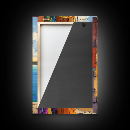 Boat Dock, Ropes, Framed Canvas Print, Nautical Coastal Wall Art, Vibrant Marina Scene, Boho Seaside Decor, Bathroom art, Office Wall Art