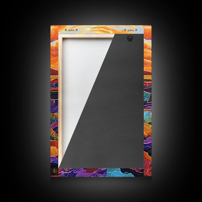 Sunset Ocean, Waves, Framed Canvas Print, Vibrant Abstract Seascape Wall Art, Colorful Ocean Decor, Living Room Statement Art