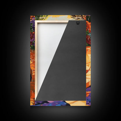 Pool Garden, Oasis, Sunset, Framed Canvas Print vibrant patio wall art, tropical courtyard landscape, kitchen art, sunroom boho decor