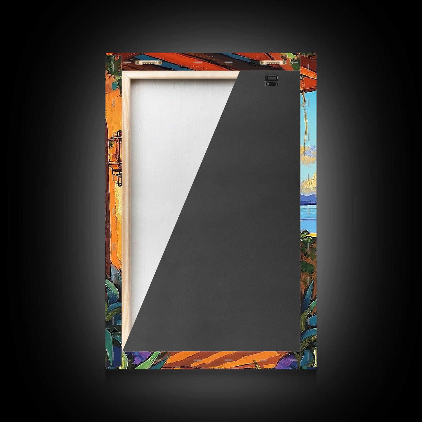 Porch Lake, Peaceful, View, Framed Canvas Print, relaxing patio art, summer lake view, rustic porch decor, Mediterranean vibes painting