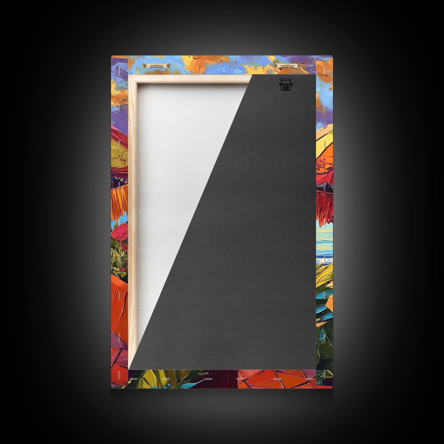 Beach Umbrella, Sunset, Framed Canvas Print, Tropical boho art, patio decor, summer beach vibe, colorful wall art, sunroom accent piece