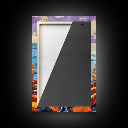 Rope Dock Sunset, Nautical, Framed Canvas Print, Nautical Rope Dockside Art, Sunset Painting, Coastal Seaside Wall Decor, Living Room Decor