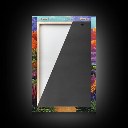 Seaside Sunset, Cliff, Dramatic Clouds Framed Canvas Print, Vibrant Ocean Wall Decor, Bathroom Beach Art, Coastal Expressionism