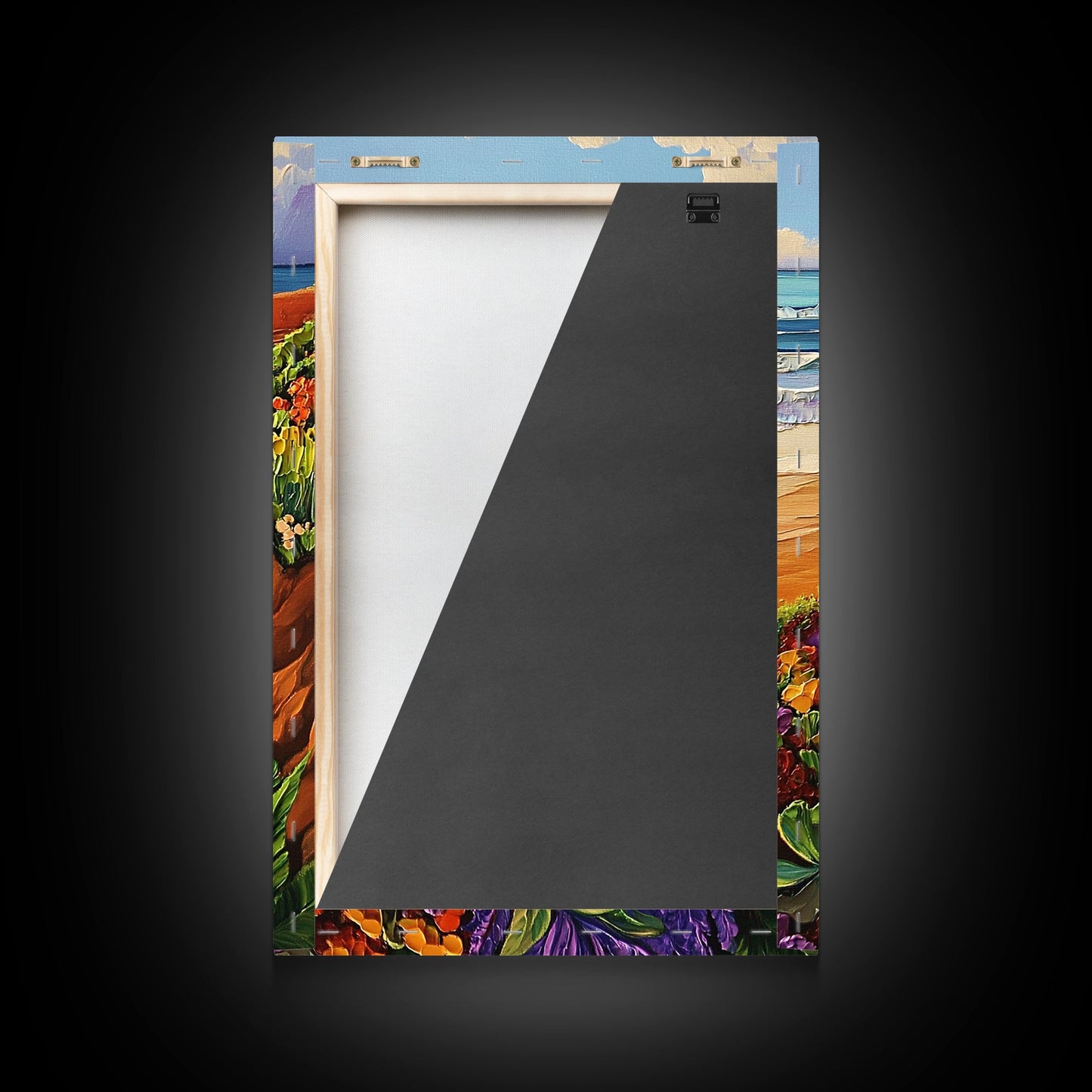 Ocean Cliffside, Floral, Seascape, Framed Canvas Print, Coastal Nature Wall Art, Bold Botanical Beach Decor, Bathroom Accent Piece