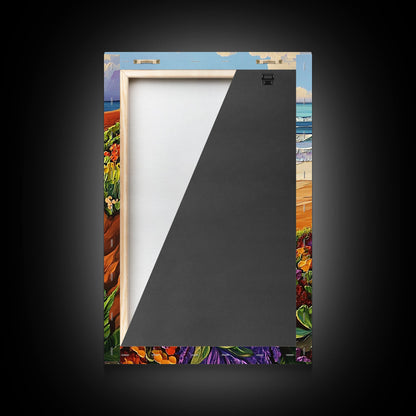 Ocean Cliffside, Floral, Seascape, Framed Canvas Print, Coastal Nature Wall Art, Bold Botanical Beach Decor, Bathroom Accent Piece