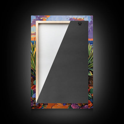 Desert Coast, Sunset Beach, Nature Hole, Surreal Art, Framed Canvas Print, Bedroom Wall Art, trippy boho decor, colorful landscape