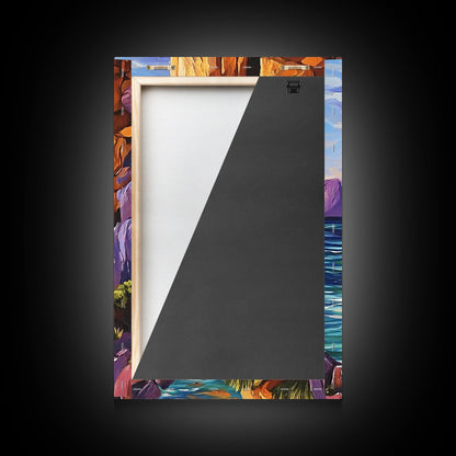 Canyon Waterfall, Ocean Cliffs, Nature Escape, Rugged Landscape, Fall Season Decor, Living Room Wall Art, Framed Canvas Print