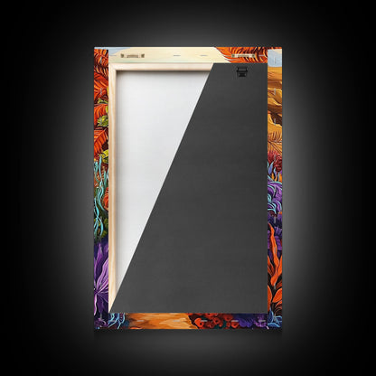 Hidden Cove, Ocean Trail, Botanical Beauty, Colorful Path, Framed Canvas Print, tropical jungle painting, hallway wall art, boho art