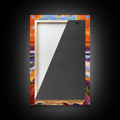 Sunset Beach, Crashing Waves, Golden Sky, Ocean Horizon — Canvas Print tropical landscape art, bathroom wall decor, modern beach vibe