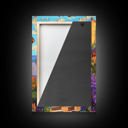 Rustic Balcony View, Desert Garden Colors, Southwest Home Art, Framed Canvas Print, Living Room Wall Art, Boho Summer Decor