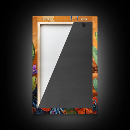 Cactus Blooming, Desert, Vivid, Framed Canvas Print bold southwest art, colorful desert cactus, southwestern home decor, kitchen wall art