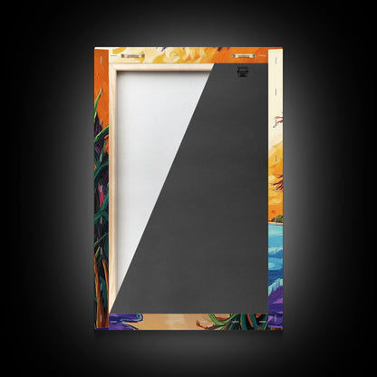 Vibrant Beach Grass, Sunset Ocean View, Coastal Wall Decor, Tropical Vibes, Framed Canvas Print, Summer Living Room Wall Art