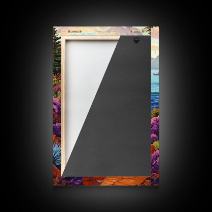 Winding Trail, Ocean Cliffs, Coastal Landscape, Mountain View, Framed Canvas Print, rustic wall art, cabin decor, colorful nature painting