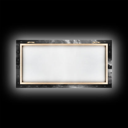 Island Pines, Rocky Shoreline, Peaceful Water, Stormy Sky, Framed Canvas Print, coastal art, rustic nature wall art, neutral living room decor