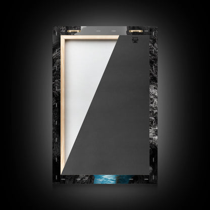 Canyon Bridge, Blue River, Yellow Figure, Framed Canvas Print, Bold Color Photography, Dramatic Landscape, Office Statement Art