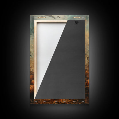 Sinister Scarecrow in Pumpkin Patch | Halloween Wall Art | Spooky Home Decor | Creepy Pumpkin Scarecrow Painting | Framed Canvas Print