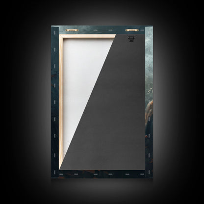 Menacing Pumpkin Head Monster Emerging from Fog - Creepy Halloween Horror Artwork Framed Canvas Print, Spooky Gothic Home Wall Decor