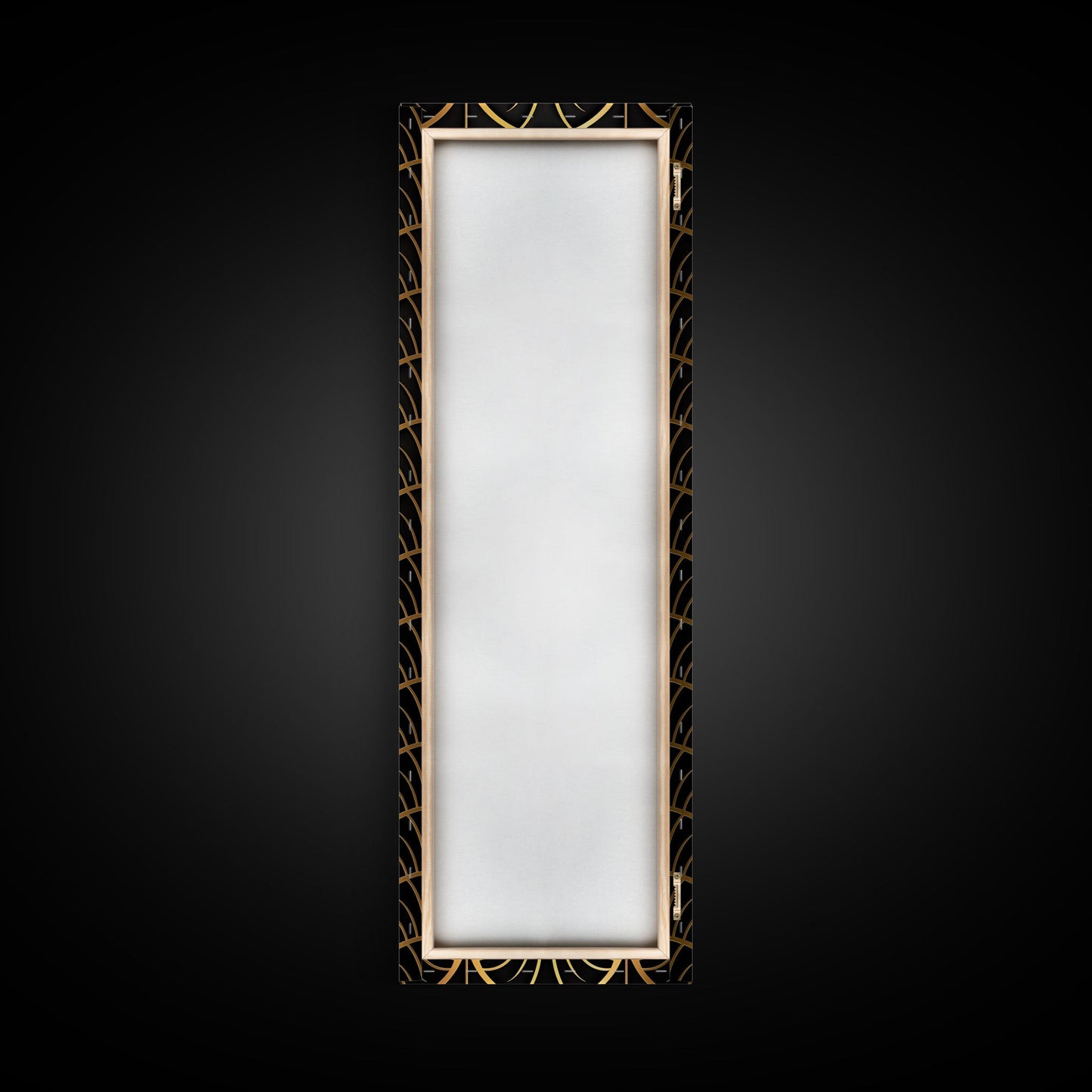 Abstract Gold Geometric Pattern on Black Background - Framed Canvas Print, Art Deco Style, Skinny Art, Tall Art, Midcentury Modern Art, Living Room Wall Decor