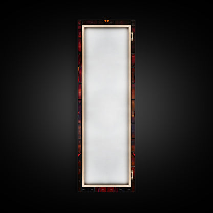 Red and Orange Floral Stained Glass Design - Framed Canvas Print, Midcentury Modern Art, Skinny Art, Tall Art, Living Room Wall Decor, Boho Art