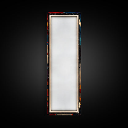 Geometric Cosmic Design in Red and Blue Tones - Framed Canvas Print, Midcentury Modern Art, Skinny Art, Tall Art, Living Room Wall Decor, Boho Art