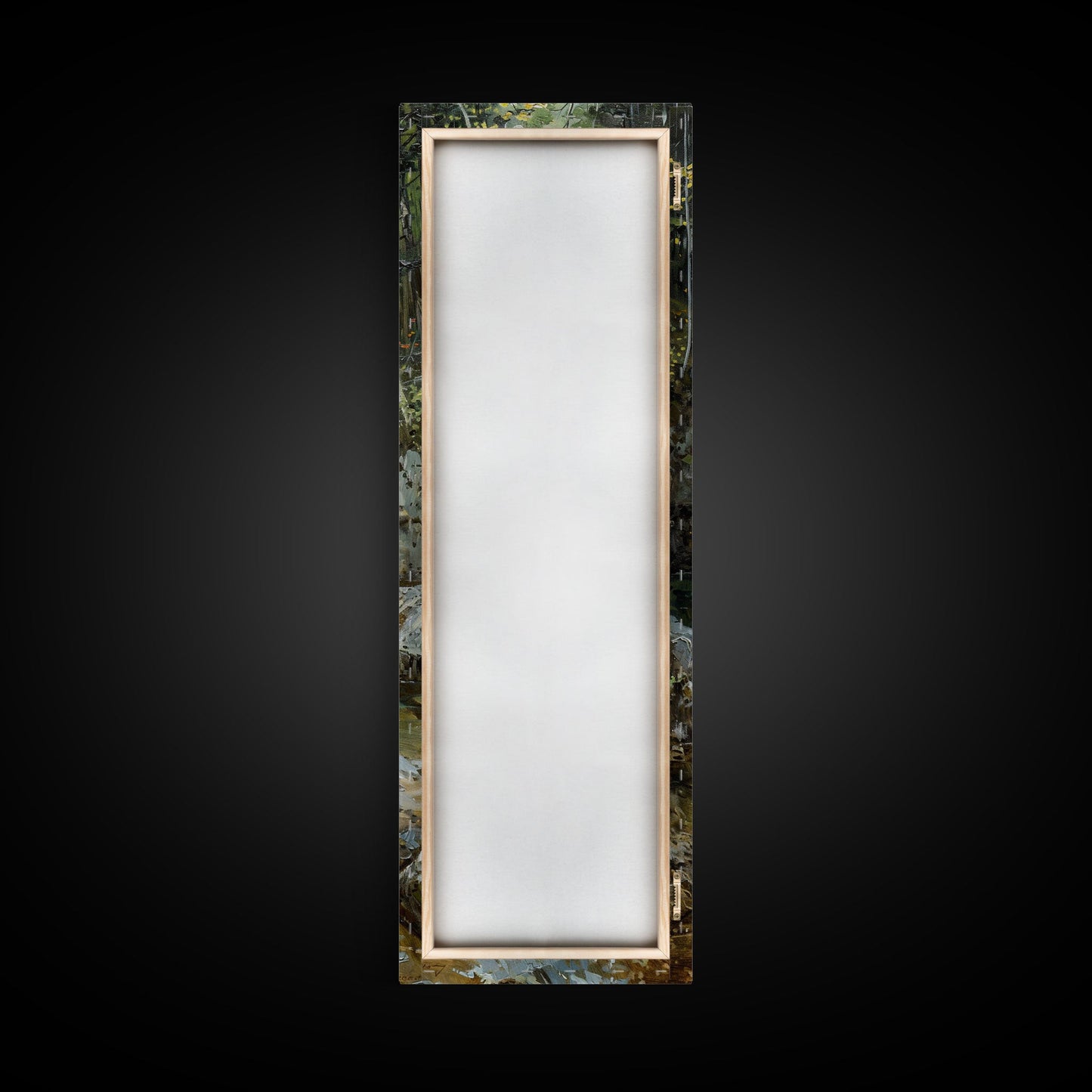 Framed Canvas Print Skinny Art of a Serene Waterfall Cascading into a Tranquil Pool in a Lush Forest Landscape, Perfect Tall Art for Nature Lovers