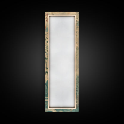 Tall Japanese Cranes Under a Vibrant Red Sun Ukiyo-e Art Skinny Framed Canvas Print Traditional Japanese Nature Scene