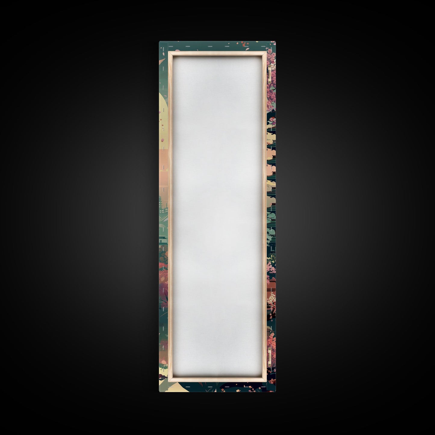 Japanese Pagoda Among Sakura Trees Under Yellow Moon Tall Art Skinny Art Framed Canvas Print Japanese Style Art Ukiyo-e Wood Block Print