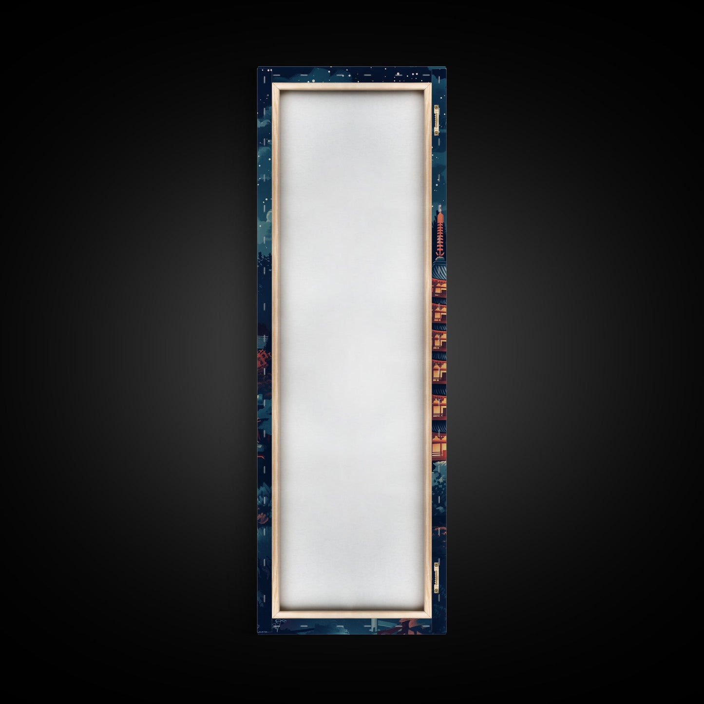 Peaceful Japanese Temple And Pagoda Under A Full Moon, Skinny Art Tall Wall Art Framed Canvas Print Japanese Style Art