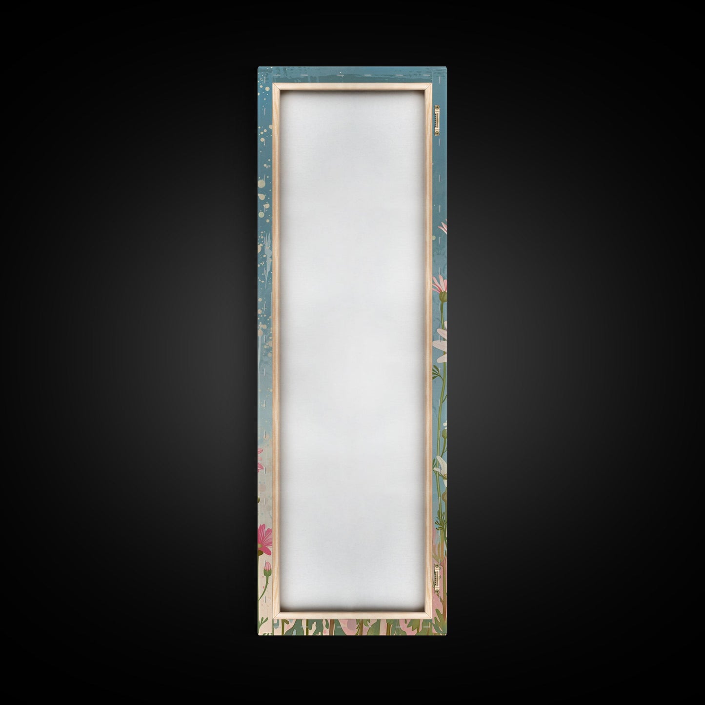 White Daisies Blossoms Japanese Tall Wall Art Blue Background Skinny Framed Canvas Print Ukiyo-e Style